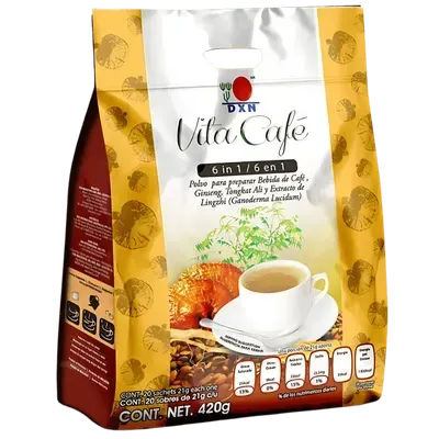 Taza de Vita Cafe 6 en 1 de DXN, una bebida premium con Ganoderma, Ginseng y Tongkat Ali, diseñada para la energía y la vitalidad.