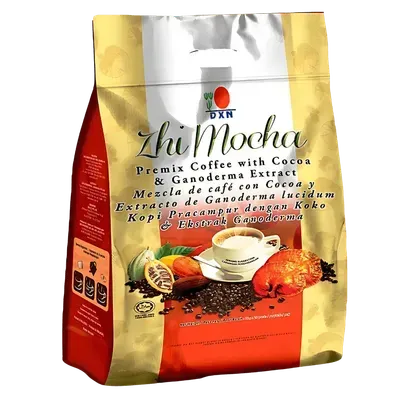 Una taza gourmet de Zhi Mocha de DXN, la combinación perfecta de café y chocolate con Ganoderma para un momento de placer y bienestar.