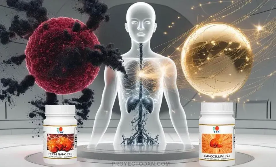 Ilustración conceptual de RG (desintoxicación) y GL (equilibrio) de DXN trabajando en sinergia para apoyar el cuerpo según los principios de la Ganoterapia.